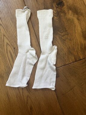 CHANEL Cream Ribbed Mid-Calf Socks with CC Embroidery